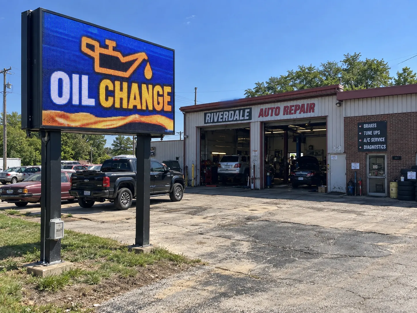 Outdoor LED sign beside an automotive service business