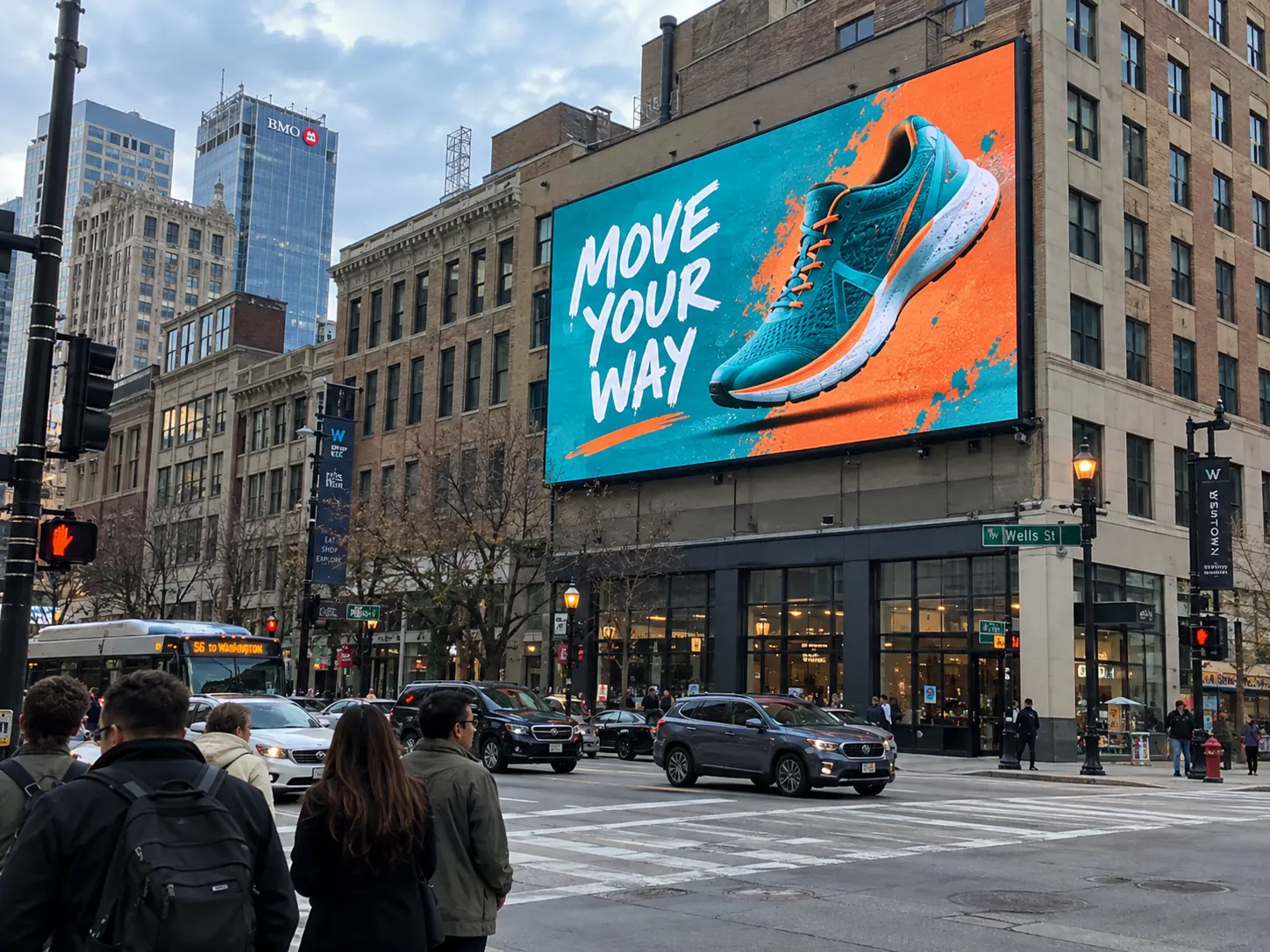 Building-mounted LED advertising display in an urban streetscape