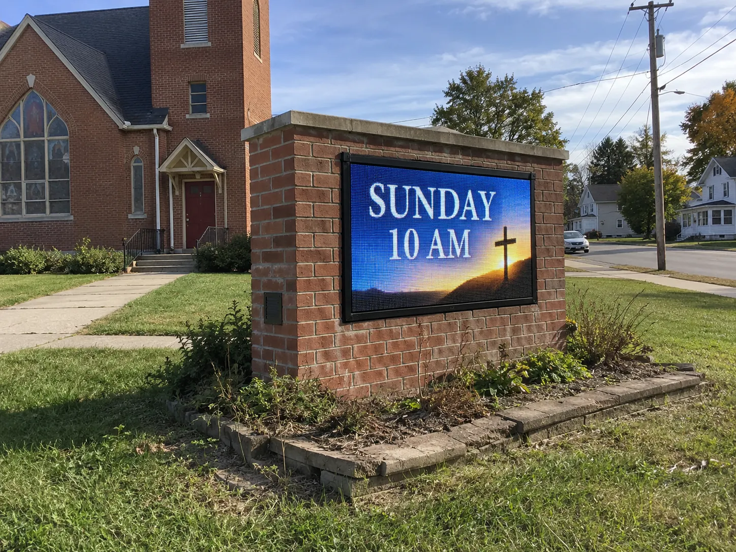LED message center integrated into a brick monument sign outside a church