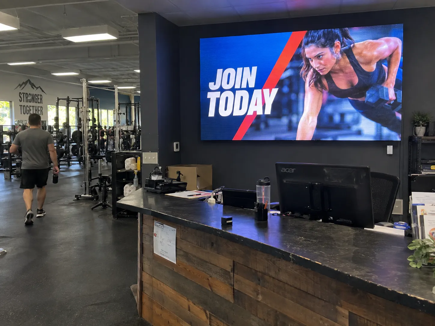 Indoor LED video wall installed in a fitness center reception area