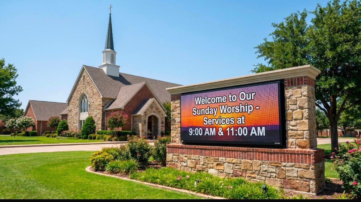 Outdoor electronic message center installed in a church monument sign